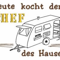 Stickdatei Camping für Geschirrtuch Schürze CHEF mit Wohnwagen