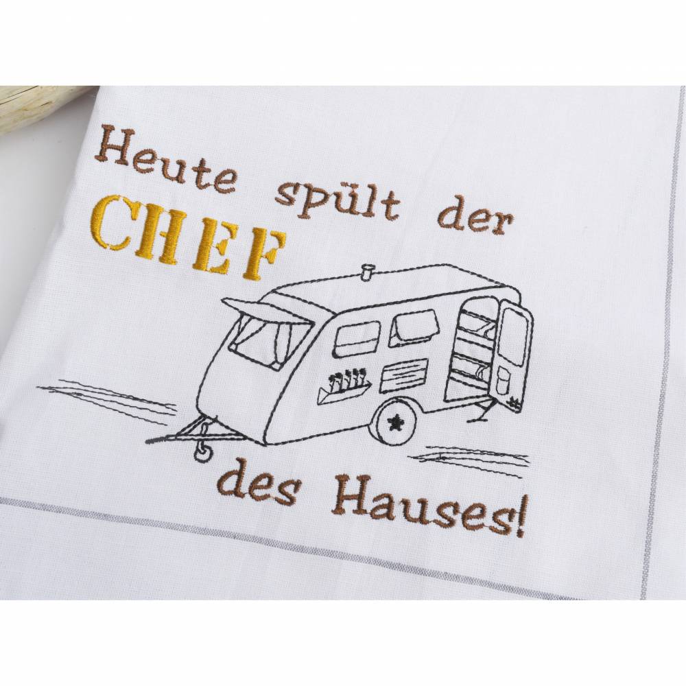 Stickdatei Camping für Geschirrtuch Schürze CHEF mit Wohnwagen Bild 2