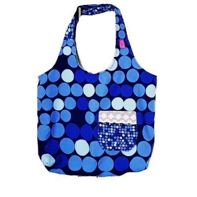 Blaue Stofftasche mit Punkten, Außentasche & Vintage-Spitze – Unikat, Handgemacht aus Franken