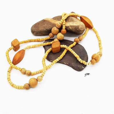 Vintage Boho Halskette 70er – Holzperlen, Modeschmuck, ca. 110 cm, Unikat