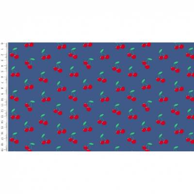 Baumwollstoff Popeline Kirschen blau – rote Kirschen auf Blau, 1,50m Breite, Frühlingsstoff für Bekleidung & Deko