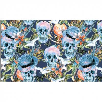 Baumwolljersey Digital Skulls – Bunte Totenköpfe auf Blau, Meterware, Öko-Tex, 150cm breit