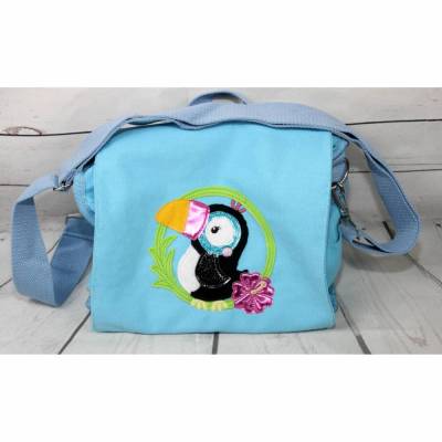 Canvas Tasche / Rucksack hellblau mit Tukan und glitzer personalisierbar mit Name 25 x 19 x 8 cm 100% Baumwolle