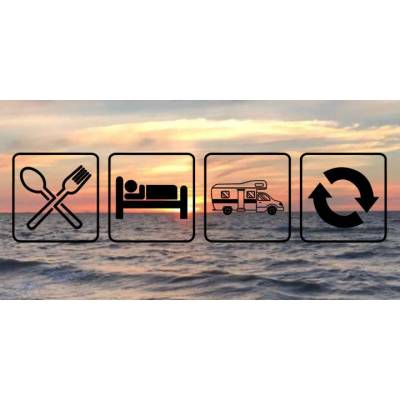 Aufkleber essen, schlafen, Wohnmobil, erholen