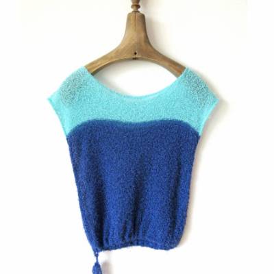 Gestrickter Sommer Pullover aus Baumwolle, Stricktop, blau, mint, ärmelloser Damen-Pulli, Pullunder gestrickt, Größe M