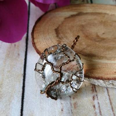" Kupfer " Lebensbaum Anhänger aus einer Kupferdraht Fassung mit Crackle Glas Cabochon
