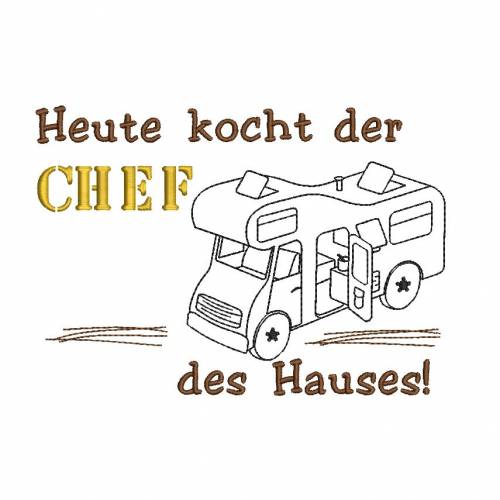 Stickdatei Camping für Geschirrtuch Schürze CHEF mit Wohnmobil