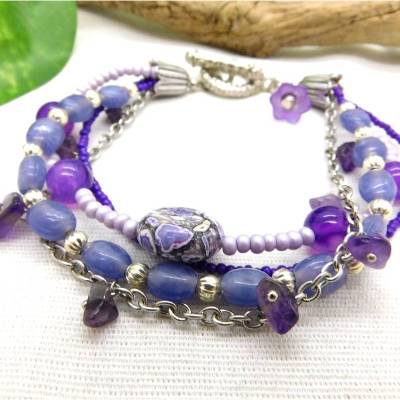 Lila Armband 4-reihig , Violett, Flieder und Silber - 22cm+ - Amethyst, lila Achat, Glasperlen