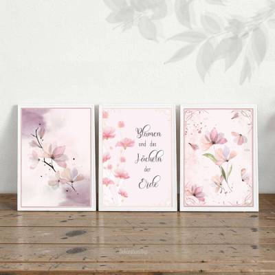 BLUMEN SIND DAS LÄCHELN... 3er Set Wandbilder in Rosè im Aquarellstil Print Poster Bild mit Spruch Zitat skandinavisch