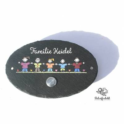 Klingelschild Namensschild Schiefer oval – Personalisiertes Türschild Familie mit Klingeltaster, handgemalt & wetterfest