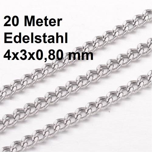 20 Meter Glieder- Panzerkette, Kette, Halskette, Meterware, Edelstahl, 4x3 mm 