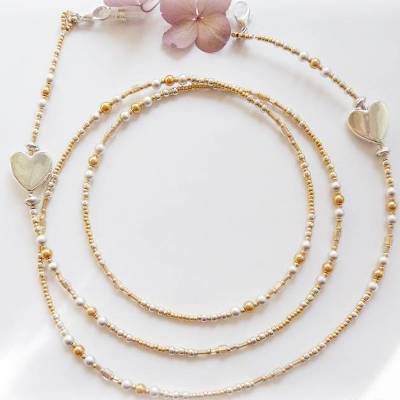 Extralange Brillenkette mit Herzen - XXL,Maskenkette,Geschenk,Muttertag,elegant,edel,leicht,bicolor,silber-u.goldfarben