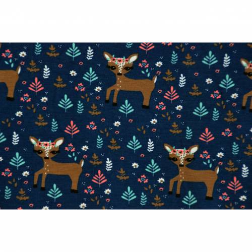 marineblauer Sweat French Terry mit Bambi Reh Boho Forrest Wald 50 x 150 cm  