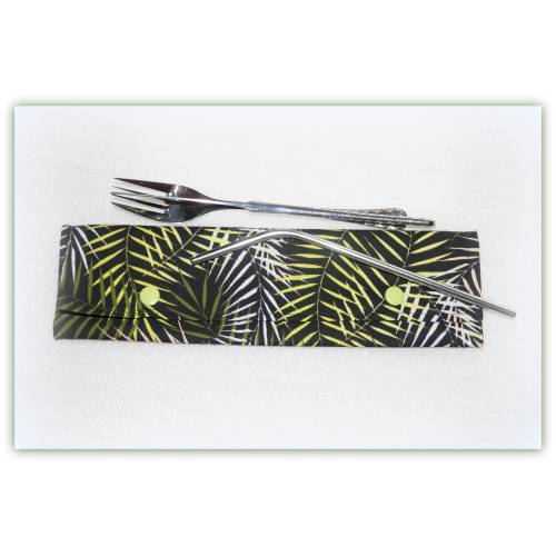 Bestecktasche Palmblätter aus Stoff mit Druckknopfverschluss, Besteck to go