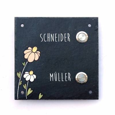 Türschild Schiefer für Zweifamilienhaus – Handbemaltes Klingelschild mit zwei Klingeltastern & Wunschbeschriftung