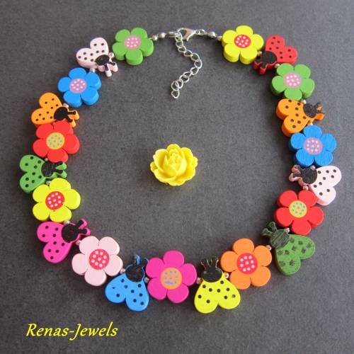 Kinder Kette bunt Holzperlen Blumen Marienkäfer Holzkette Kinderkette