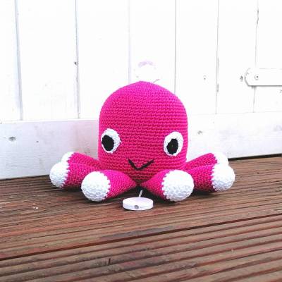 Spieluhr gehäkelt, Octopus, Pink, Melodieauswahl, Wasserdicht, 100 % Baumwolle, Geschenk für Taufe, Weihnachten