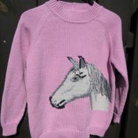 Kinderpullover mit Pferdemotiv – Mädchen Pullover aus Baumwolle Rosa, Größe 128/134