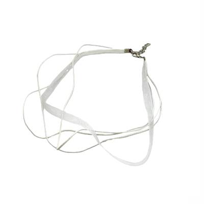 3 x Organza-Halsband Kette weiß mit gewachster Baumwollkordel, Verlängerungskette und Karabiner platinfa