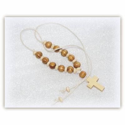 10er Holzperlen Rosenkranz mit Holzkreuz zum Binden, Rückspiegelanhänger