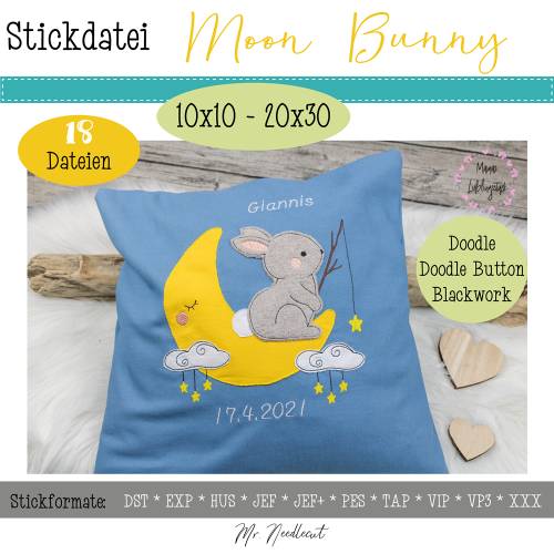 Digitale Stickdatei Moon Bunny für den 10x10 - 20x30 cm (4x4 - 8x12") Stickrahmen