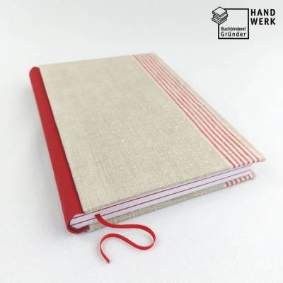 Notizbuch rosen-rot beige, A5, upcycling, Vintage, Leinentuch, Mangeltuch, Rolltuch, 150 Blatt