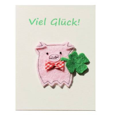 Glückwunschkarte Glücksschwein aus Rosa Filz mit Kleeblatt – Glücklich & Kreativ | la miscela