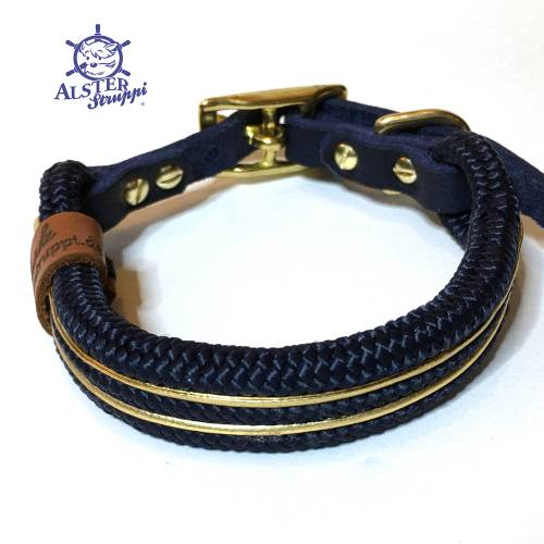 Hundehalsband verstellbar blau gold mit Leder und Schnalle