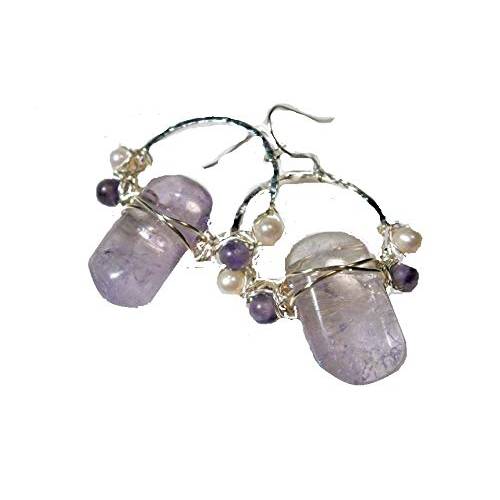 Amethyst Ohrringe 20 x 12 Millimeter lila pastell handgefertigt am Ring Creolen silberfarben gehämmert 
