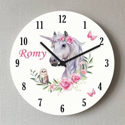 Kinderzimmer Wanduhr Einhorn Eule Rosen personalisiert 25 cm ohne Rahmen Kinderuhr Mädchen