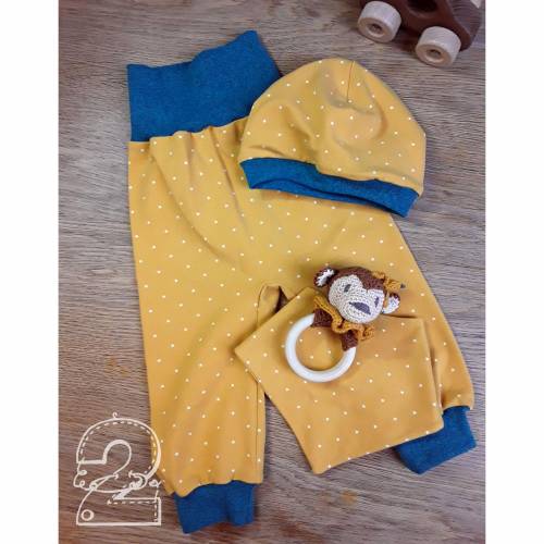 Babyset: Pumphose, Mützchen, Halstuch, Sternchen senf-weiß/ petrol
