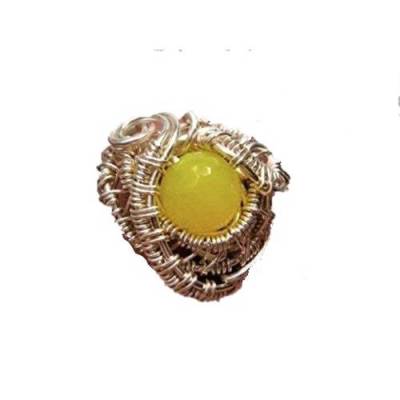 Ring Achat gelbgrün neon handgemacht Größe 20 bis 21 mit Innendurchmesser 19,5 Millimeter in wirework silberfarben 