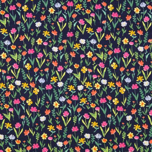 Rest: 2,3m x 1,50m Baumwolljersey  Blumen dunkelblau Oeko-Tex Standard 100