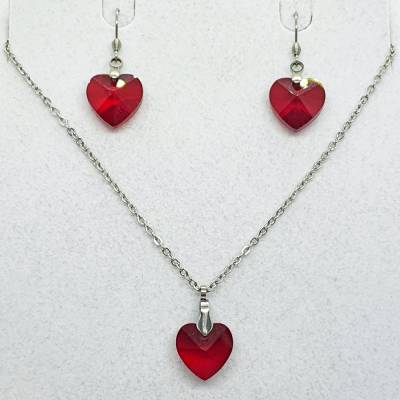 Edelstahlschmuckset Herz rot – Halskette & Ohrringe mit Kristallglasanhänger