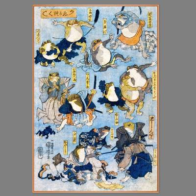 Japanische Samurai Frösche – Vintage Holzschnitt Poster – Humorvolle Kunst als hochwertiger Druck