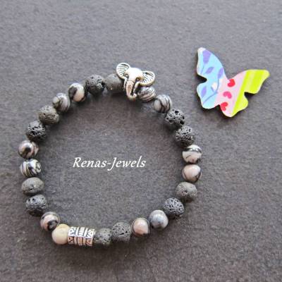 Kinderarmband Edelstein Jaspis Lava schwarz grau marmoriert Elefant Kinder Jungen Armband Edelsteinarmband