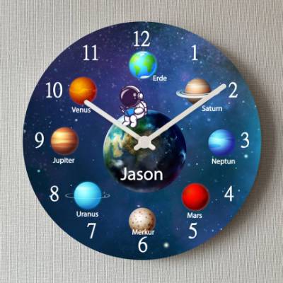 Kinderwanduhr Planeten Astronaut Universum Lernuhr Wanduhr Kinderuhr personalisiert mit Namen Schulanfang Uhr Weltall