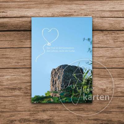 Trauerkarte "Liebe ohne Grenzen" - Kondolenzkarte mit Luftballon, Grenzstein und Trostspruch