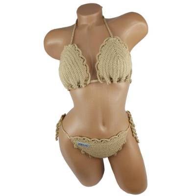 Bikini Damen gehäkelt sand beige Häkelbikini Spezialgarn Bogenkante