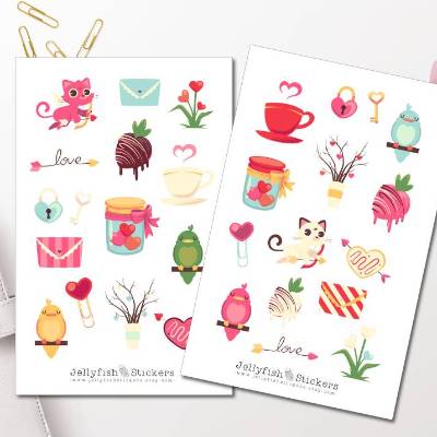 Valentinstag Katze und Vogel Sticker Set | Aufkleber Bullet Journal | Journal Sticker | Planer Sticker, Sticker Liebe, S