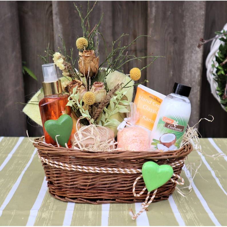 Wellness Set mit Trockenblumenstrauß und Delikatesse, Geschenk Set, orange