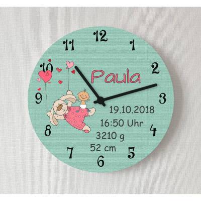 Kinderzimmer Wanduhr Baby Geburtsuhr Hase Mädchen Geburtsanzeige Geschenk zur Geburt