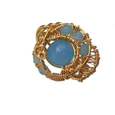 Ring blau handgefertigt verstellbar mit Achat in hellblau very peri im wirework handgewebt goldfarben