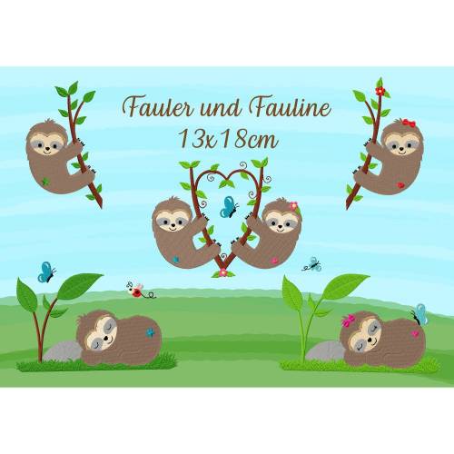 digitale Datei,Stickmuster, Stickdatei Faultier, Stickdatei Fauler und Fauline 13x18cm