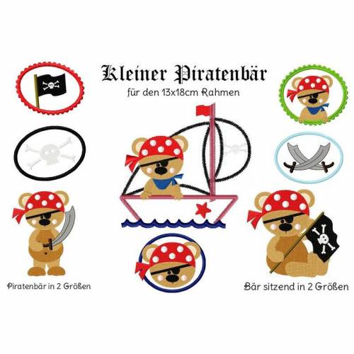 Stickmuster,digitale Datei,Stickdatei Bär Piratenbär 13 x18cm