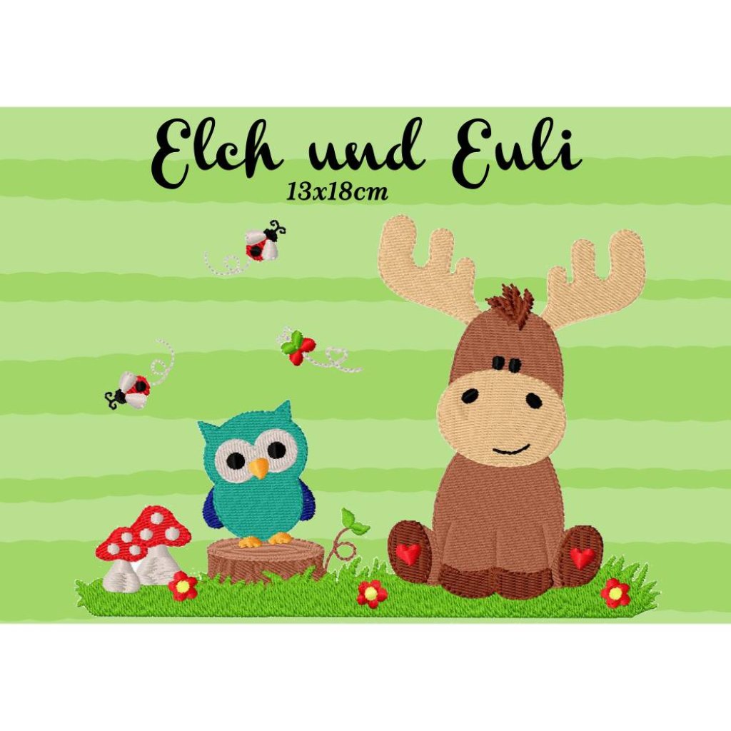 Digitales Stickmuster ,Stickdatei Elch, Elch und Euli 13x18cm Bild 1