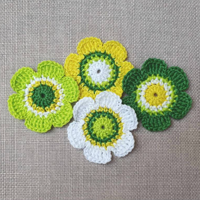 Häkelblumen limone zitrone, 4er-Set gehäkelte Blume, Häkelapplikationen Blüten