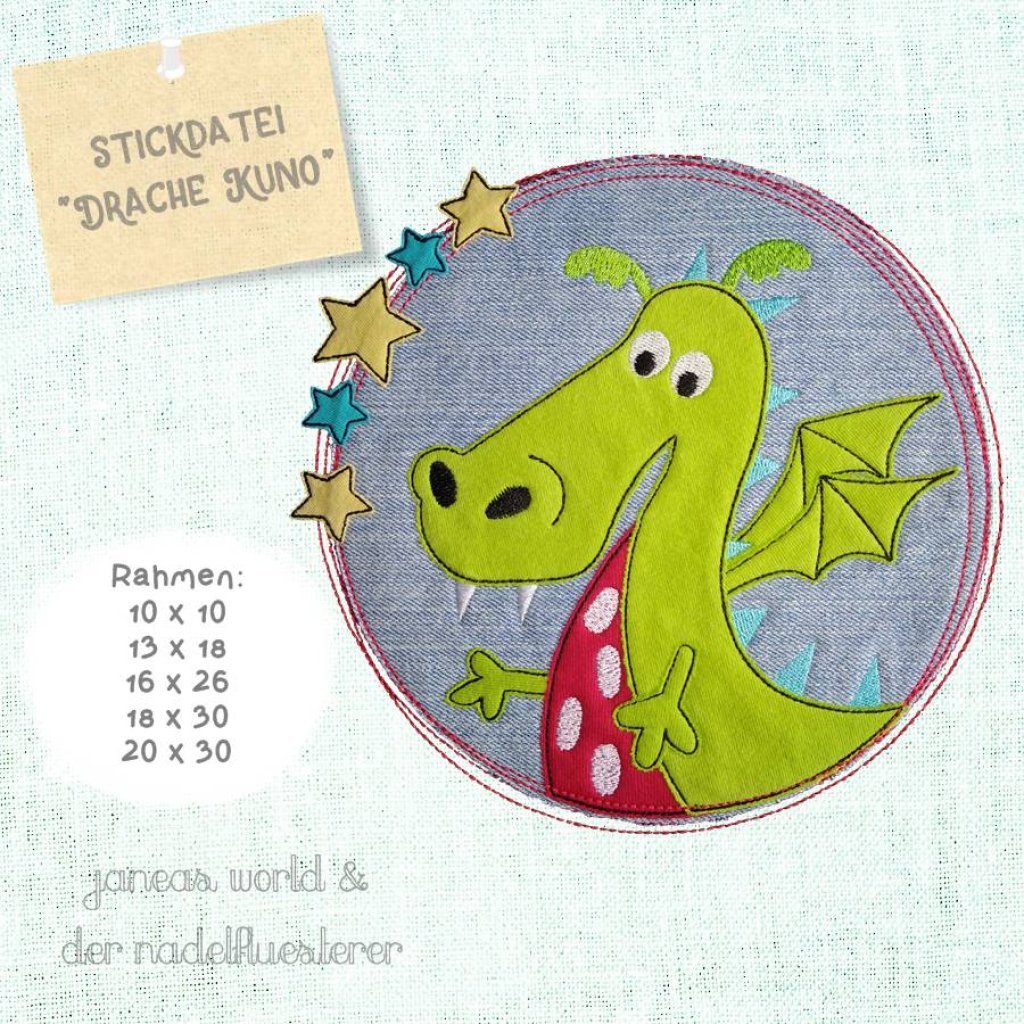 Digitale Stickdatei Janeas World Drache Kuno 10x10 - 20x30 cm (4x4 - 8x12") Stickrahmen Bild 1