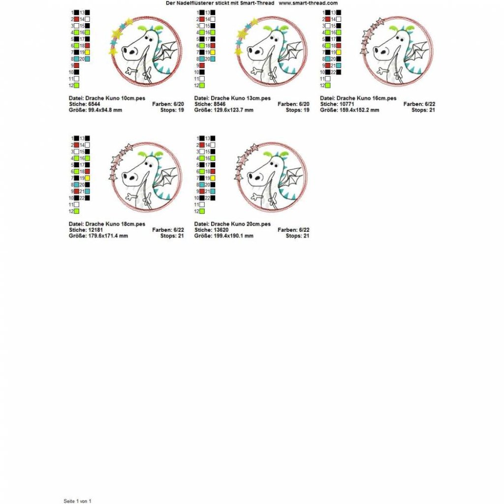 Digitale Stickdatei Janeas World Drache Kuno 10x10 - 20x30 cm (4x4 - 8x12") Stickrahmen Bild 2