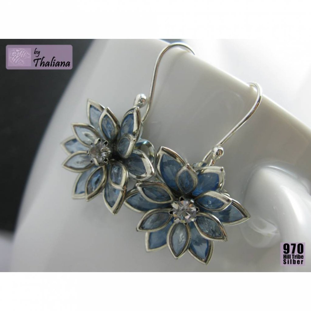 ECHT SILBER Ohrringe Funkelblüten himmelblau Bild 2
